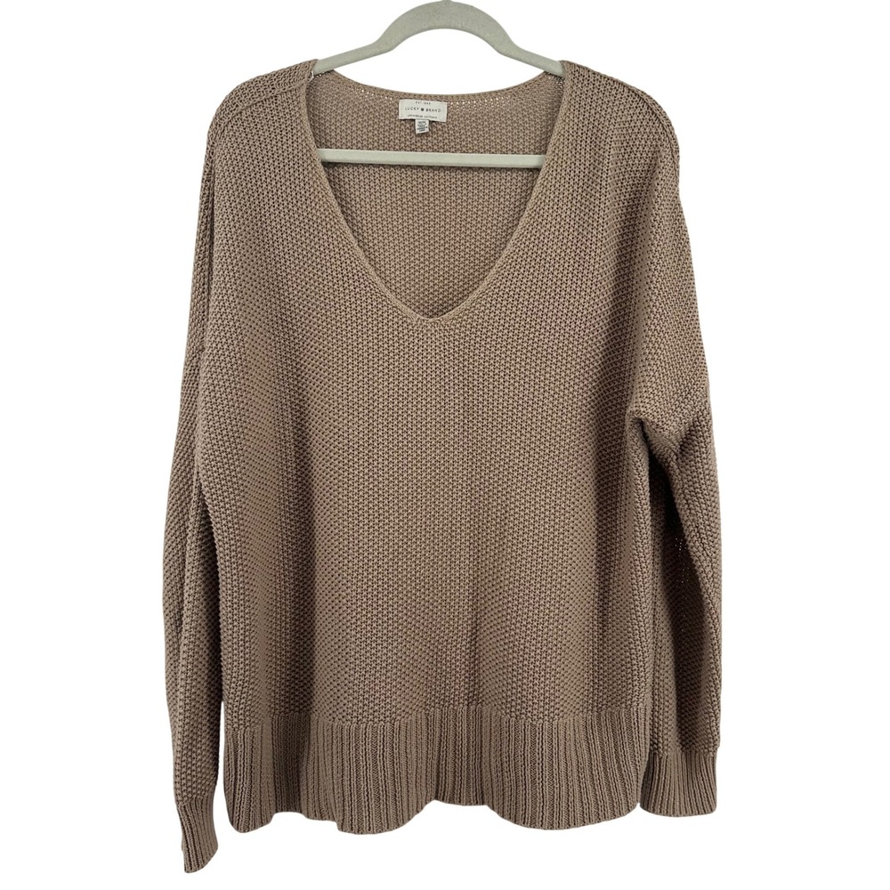 Lucky Brand Knit V Neck Fisherman Sweater Tan Cotton Blend‎ Long SleeveWomens M